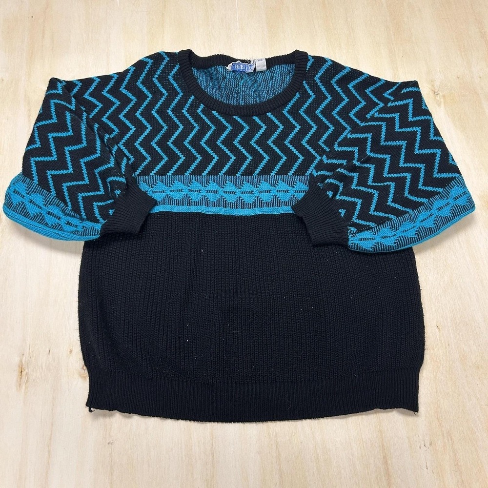 Vintage Measure Up Sweater Womens 44 Black Crew Neck Geometric Tight-Knit